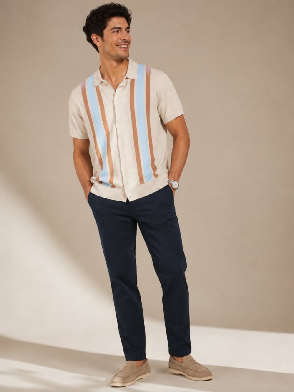 MBX Premium Goods Vertical Stripe Sweater-Knit Polo Shirt- Oatmeal